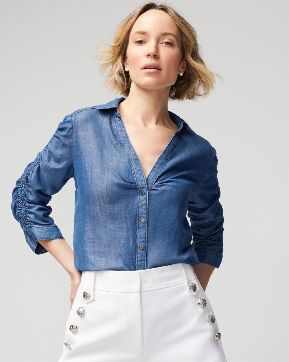 Elbow Sleeve Smocked Denim Shirt White House Black Market